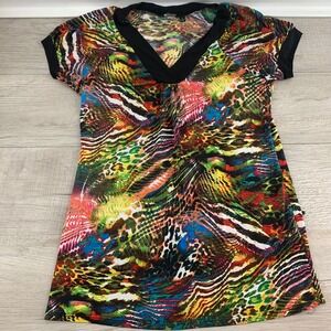 Rachel Womens Multicolor Animal Print V-Neck Short Sleeve Top Large M-71717